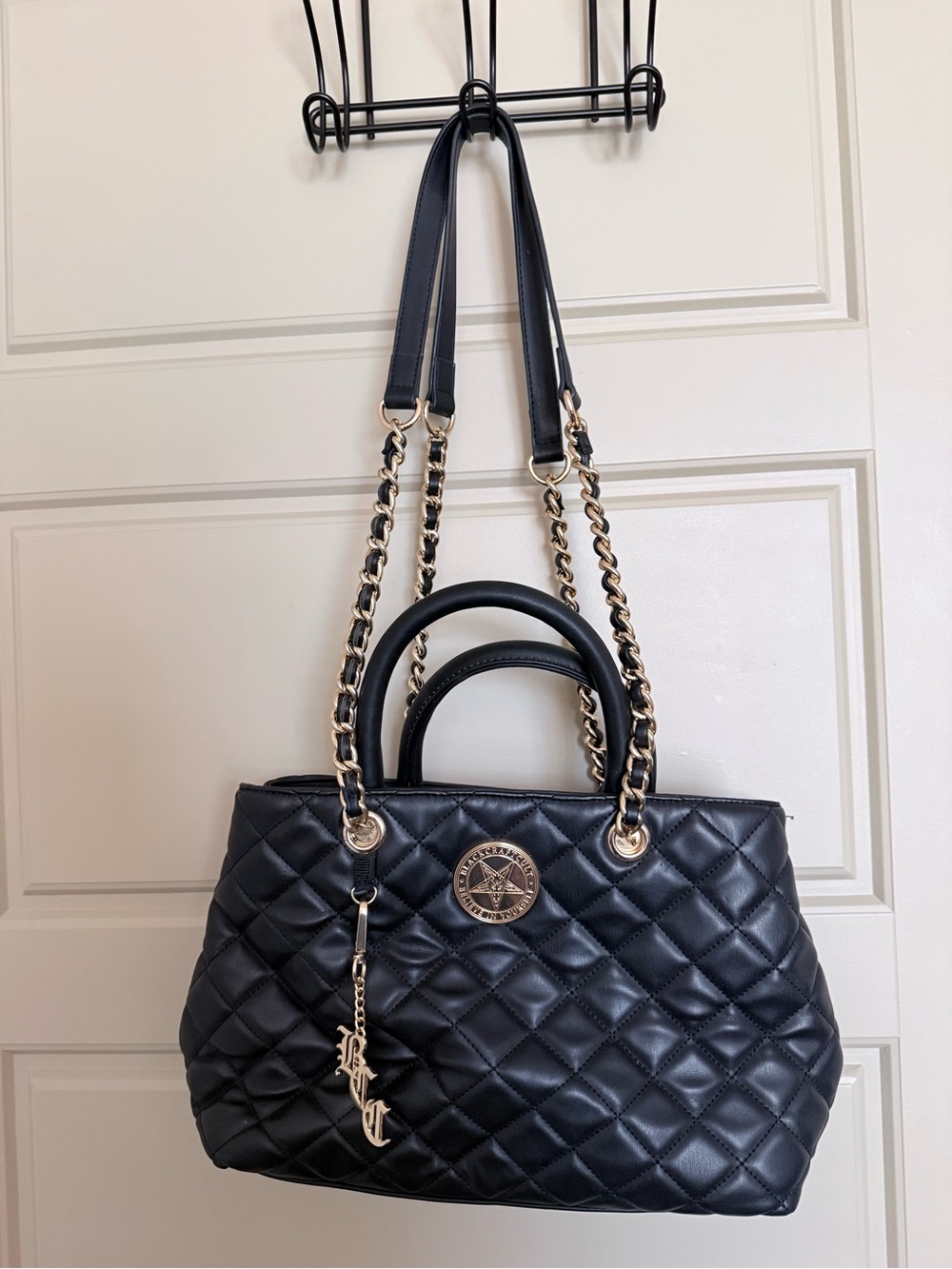 Black Quilted Shoulder Bag with Gold Chain Straps